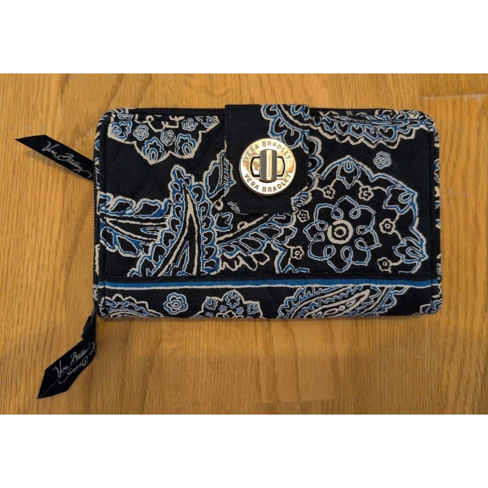 Vera Bradley Turn Lock Zip RFID Wallet Navy Blue Floral Paisley Quilted 8x5